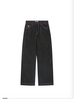 Black Wide-Leg Jeans with Pink Contrast Stitching